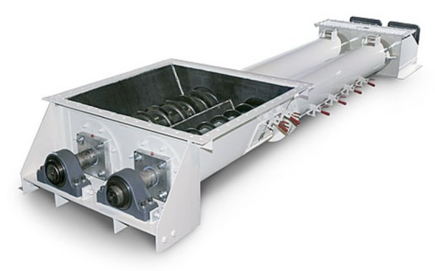 Twin screw live bottom feeder discharging into a tubular screw conveyor